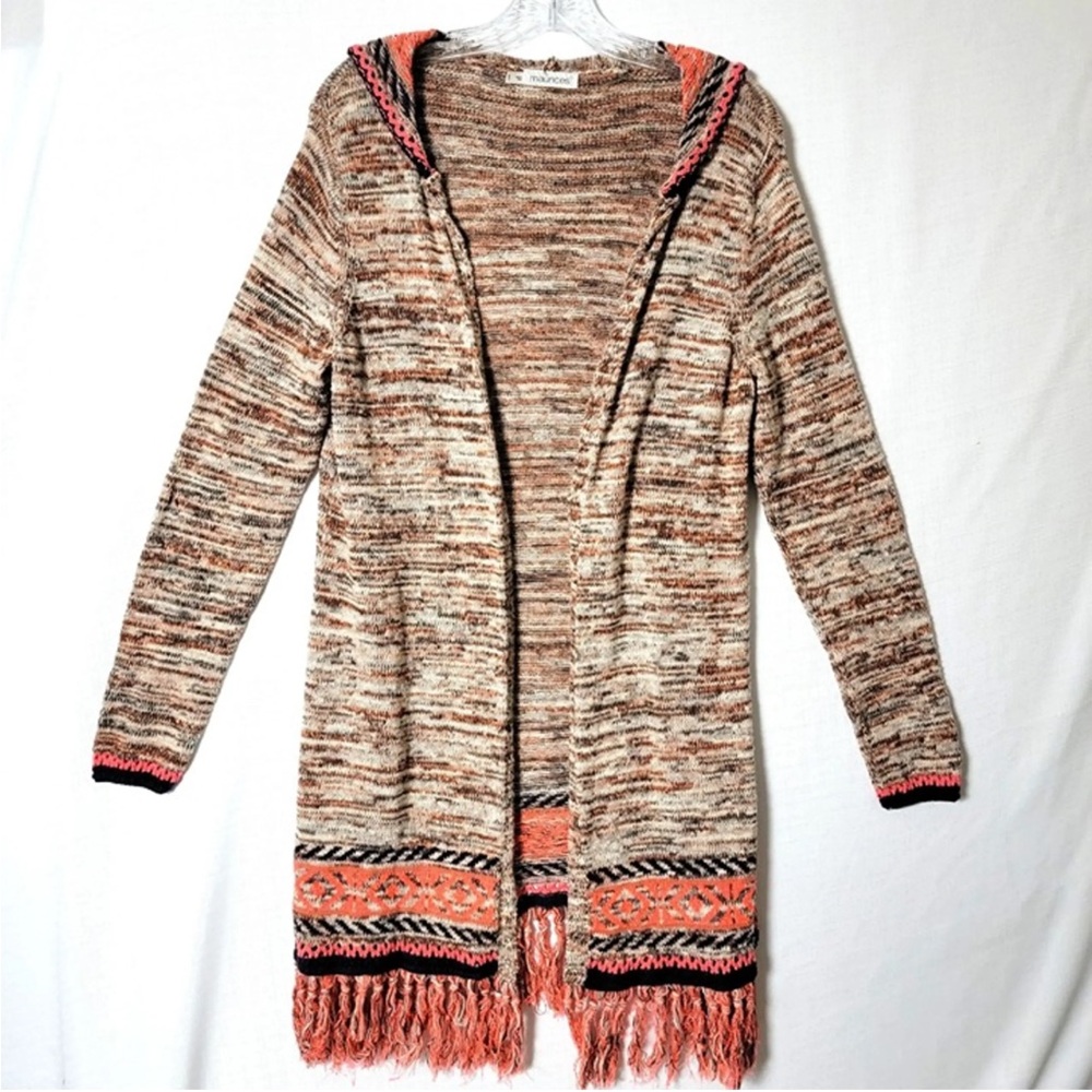 Hooded Open-Front Cardigan with Long Sleeves and a Tassel Fringe Hem
